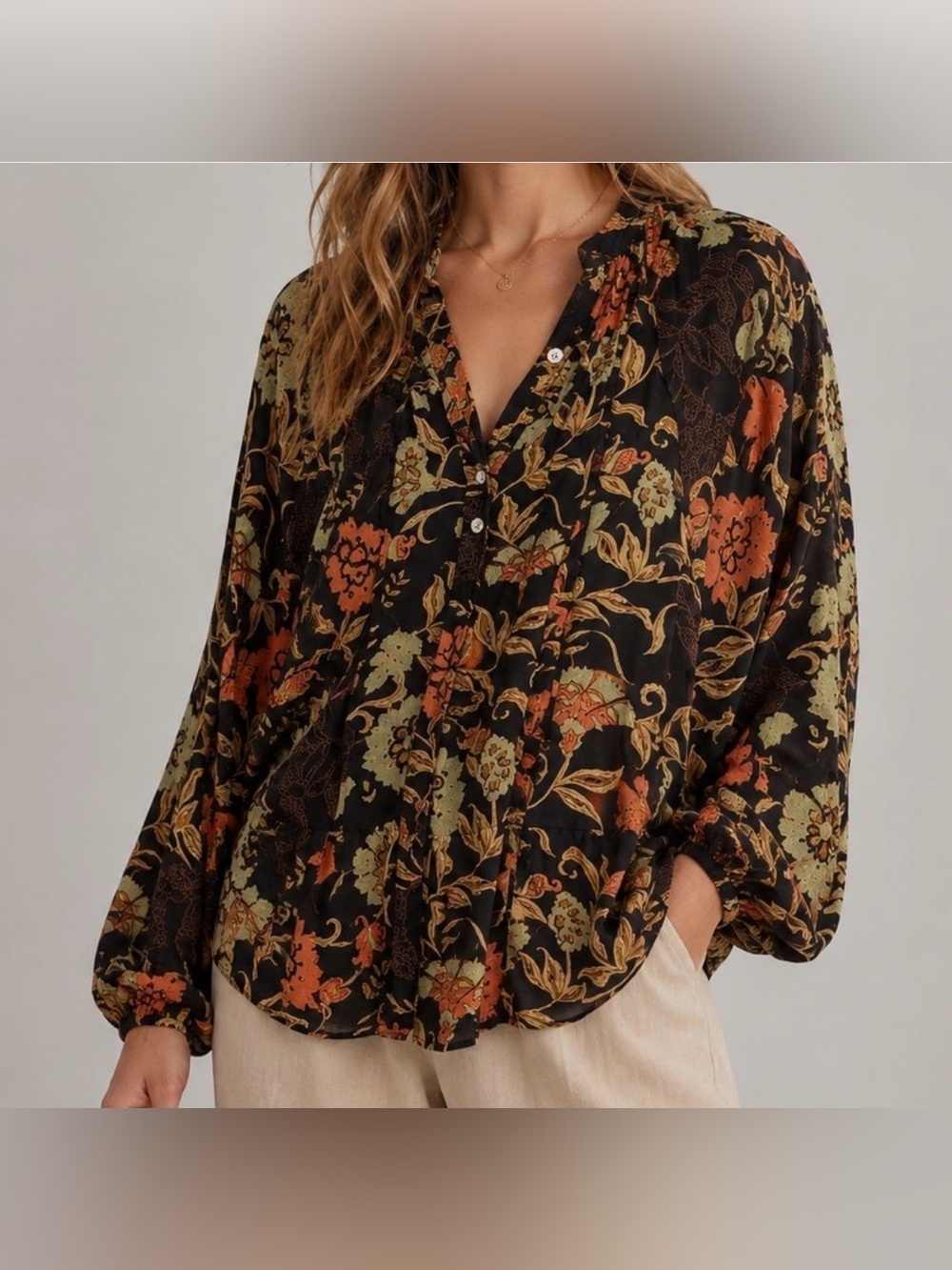 Roller Rabbit Black Floral V-Neck Button Blouse with Olive & Rust Accents